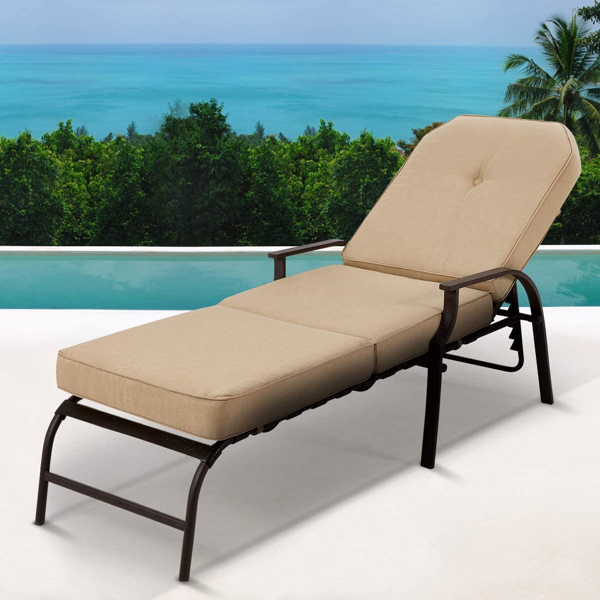 YODOLLA Adjustable Patio Lounge Chair with Thick Cushion Outdoor Chaise Lounge Recliner, Beige