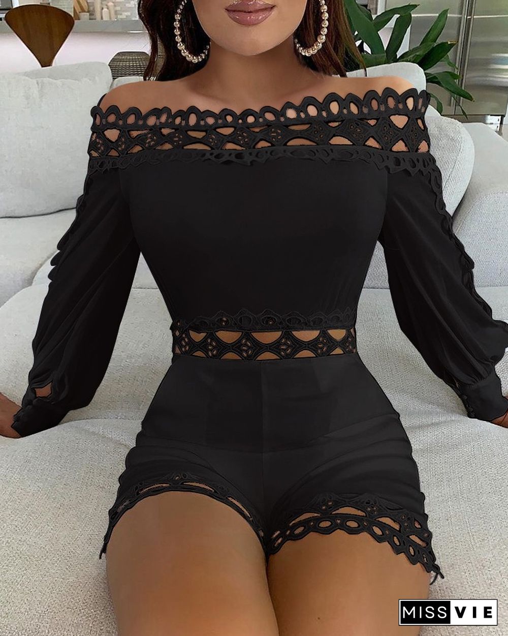 Off Shoulder Lattice Detail Hollow Out Romper