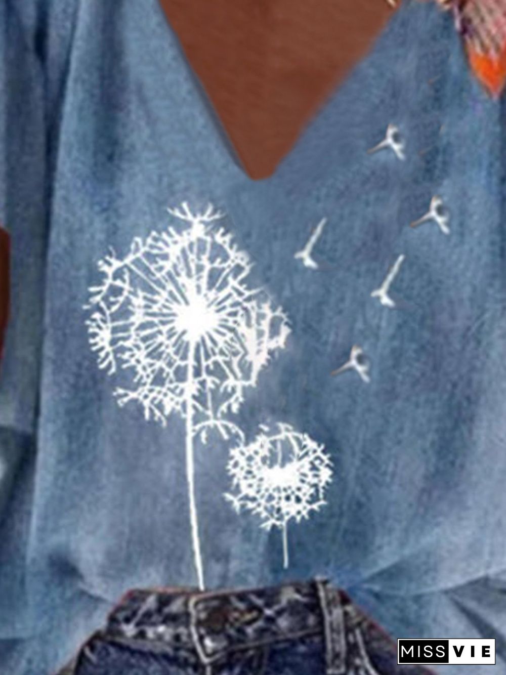 Vintage Short Sleeve Dandelion Printed V Neck Plus Size Casual Tops