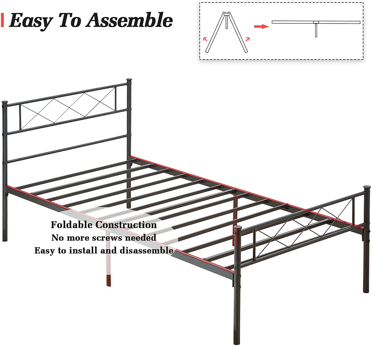 VECELO Metal Bed Frame with Headboard, Modern X-Design Platform Bed Heavy Duty Slat Support, Easy Assemly, Twin Size, Black