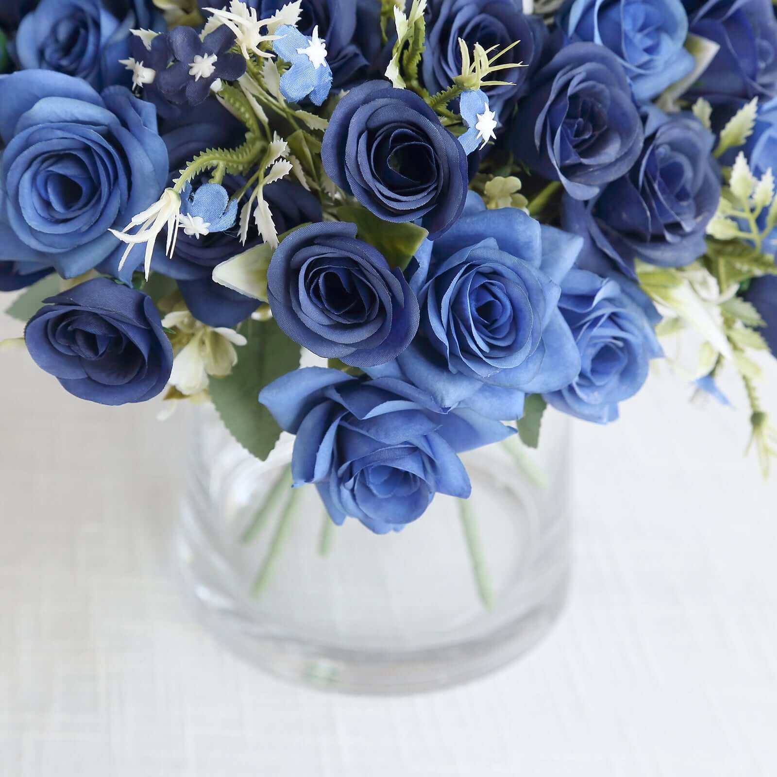 4 Bushes Navy Blue Real Touch Artificial Silk Rose Bridal Bouquet, Faux Flowers 12