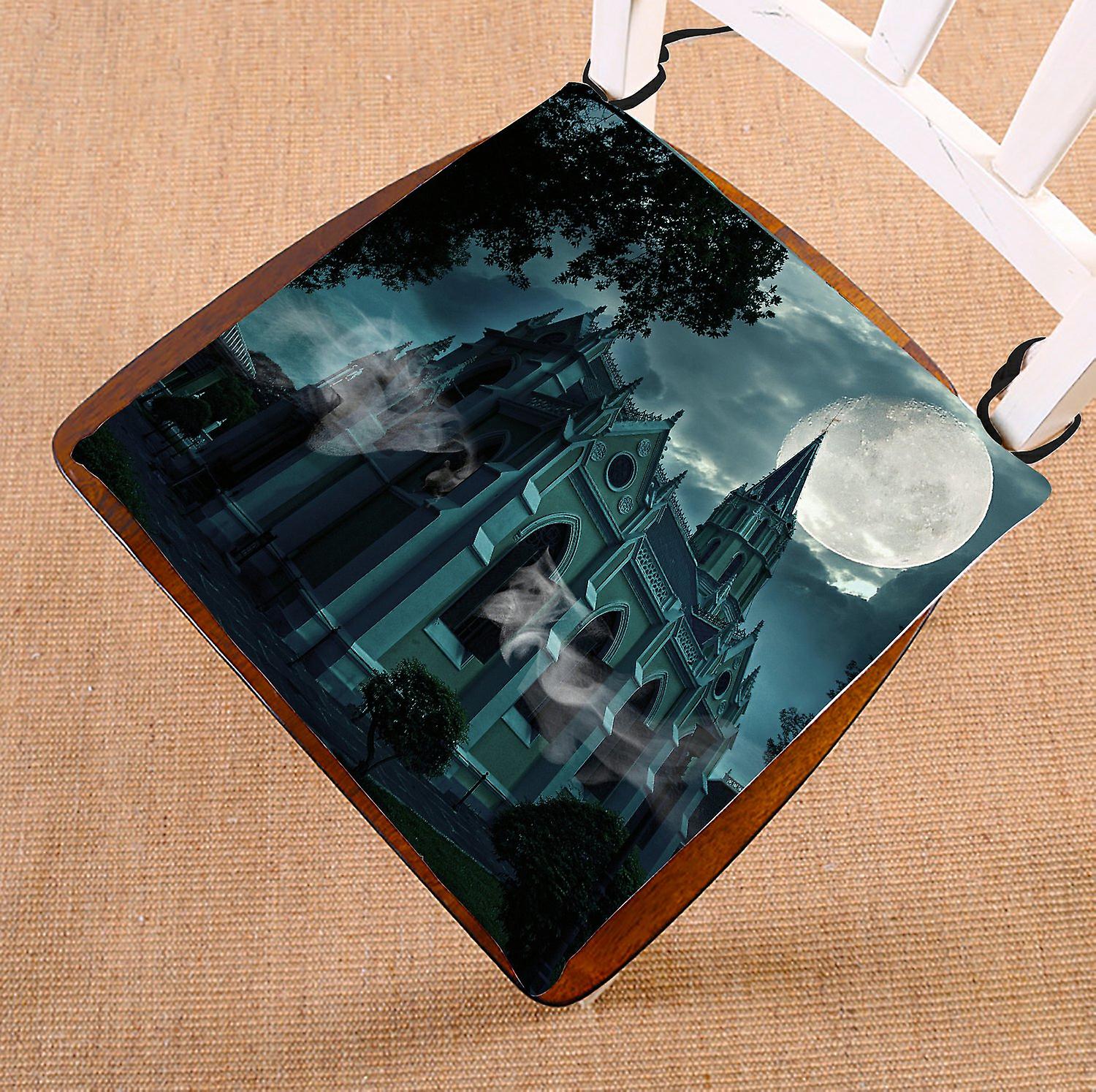 Full Moon Chair Pad， Halloween Hauted Church Castle Seat Cushion Chair Cushion Floor Cushion 50x50 Cm