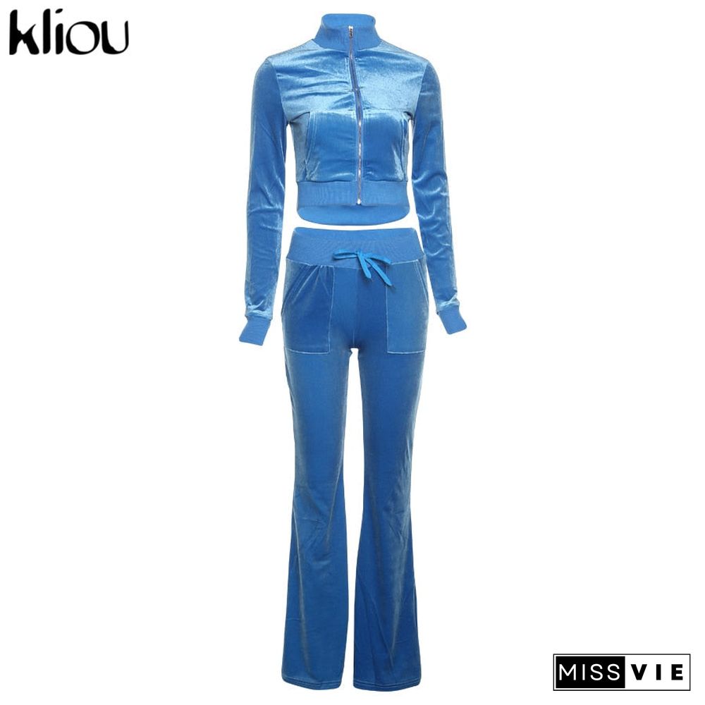 Kliou Solid Velour Two Piece Set Women Simple Casual Zipper Long Sleeve Turtleneck Top+Bandage Lace Slim Female Wide Leg Pants