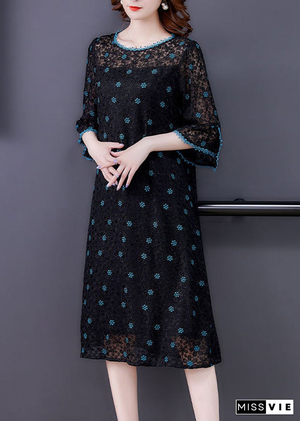 Handmade Black Embroideried Hollow Out Silk Maxi Dresses Flare Sleeve