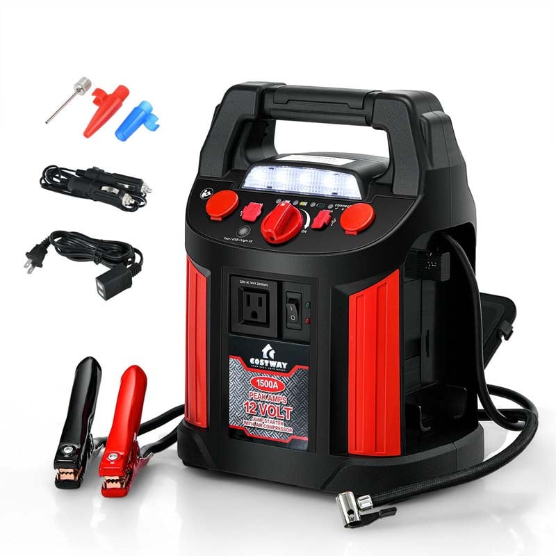 Portable Power Station Jump Starter 1500 Peak/700 Instant Amps, 180 PSI Digital Air Compressor Power Bank Charger Built-in Inverter