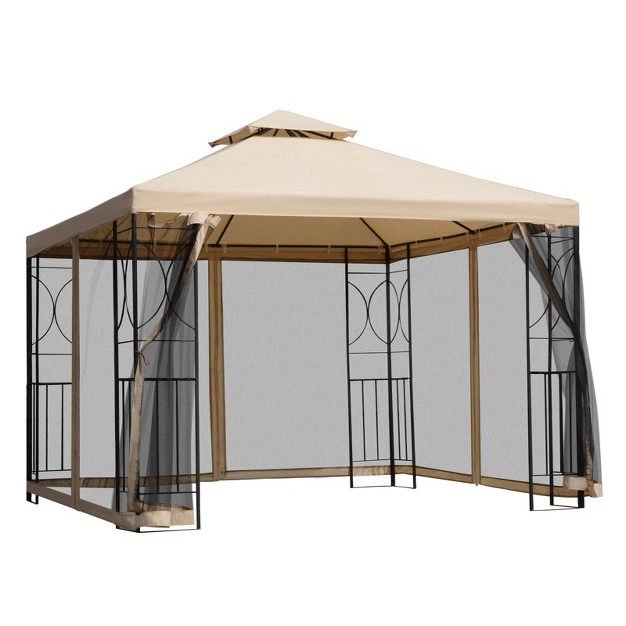 Outsunny 10 x27 X 10 Steel Outdoor Patio Gazebo Canopy With Privacy Mesh Curtains Weather resistant Roof amp Storage Trays