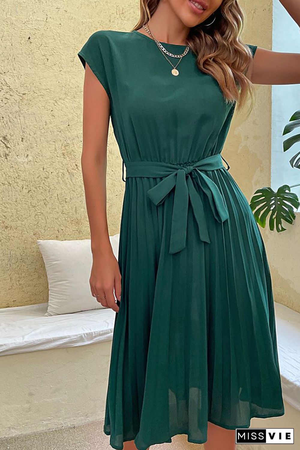 Plain Pleated with Belt Short Sleeves Midi Dress