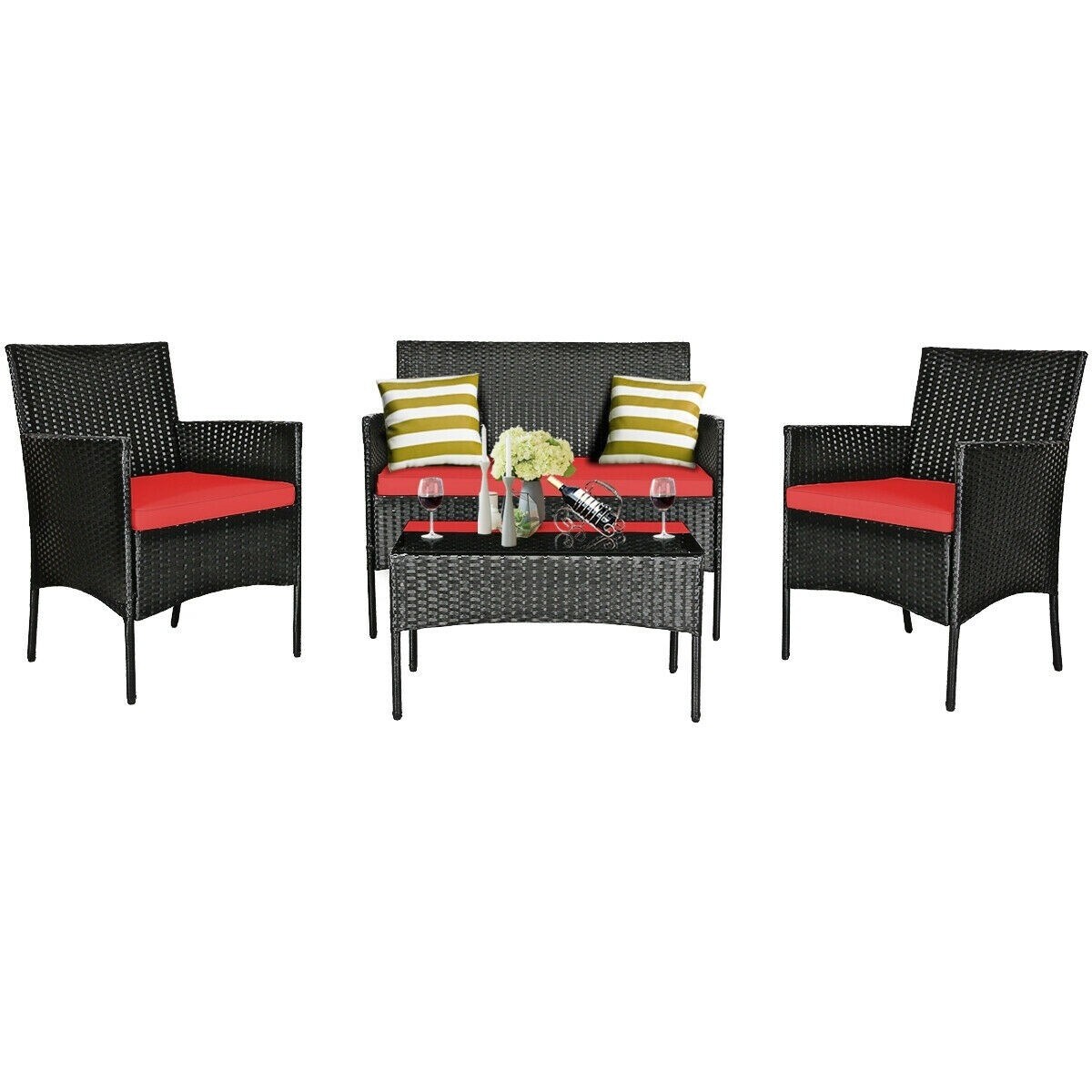 4 Pcs Patio Rattan Cushioned Sofa Furniture Set with Tempered Glass Coffee Table - 24