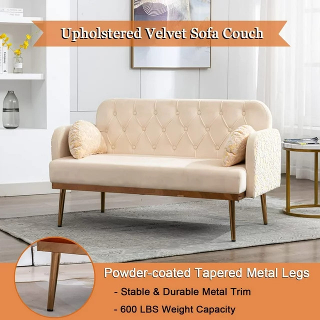 Contemporary Loveseat  Golden Metal Legs  ampButton Tufted Velvet Seat   Contemporary   Loveseats   by Declusia  Houzz