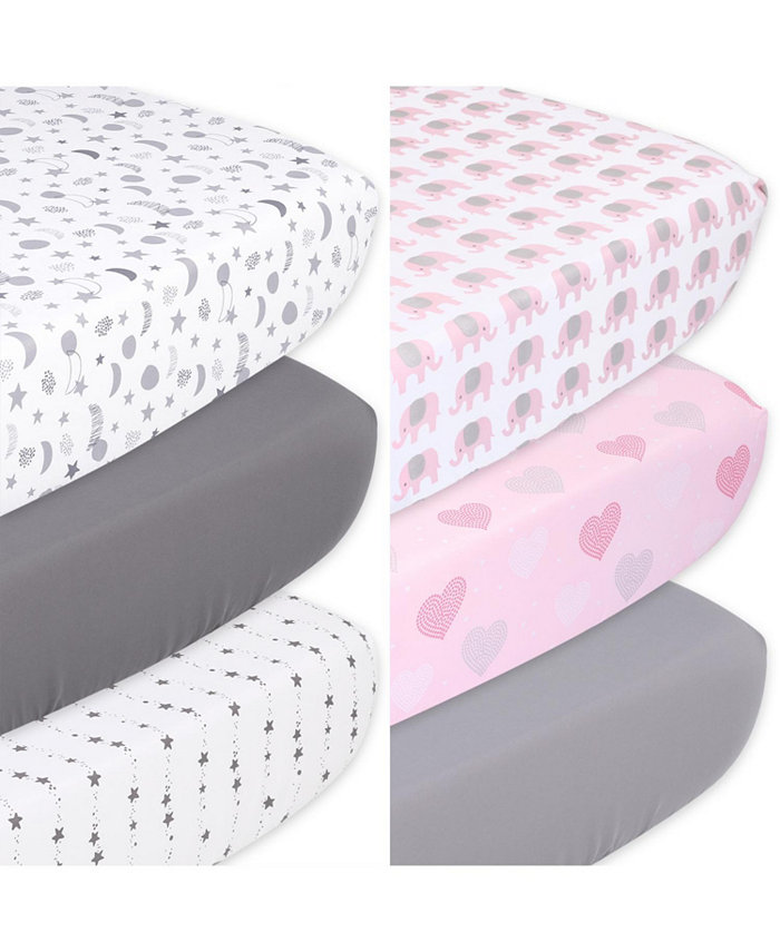 The Peanutshell Celestial Stars and Pink Elephant Fitted Crib Sheets for Girls， 6-Pack Set， Grey， Pink