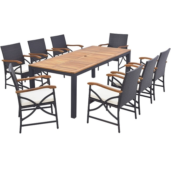 Costway 9 PCS Patio Rattan Dining Set with Acacia Wood Table，