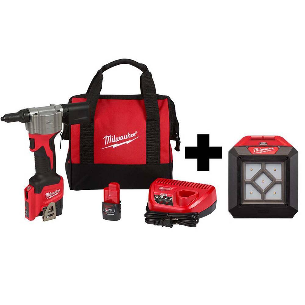 MW M12 12-Volt Lithium-Ion Cordless Rivet Tool Kit with (2) 1.5Ah Batteries Charger and 1000 Lumens M12 Flood Light 2550-22-2364-20