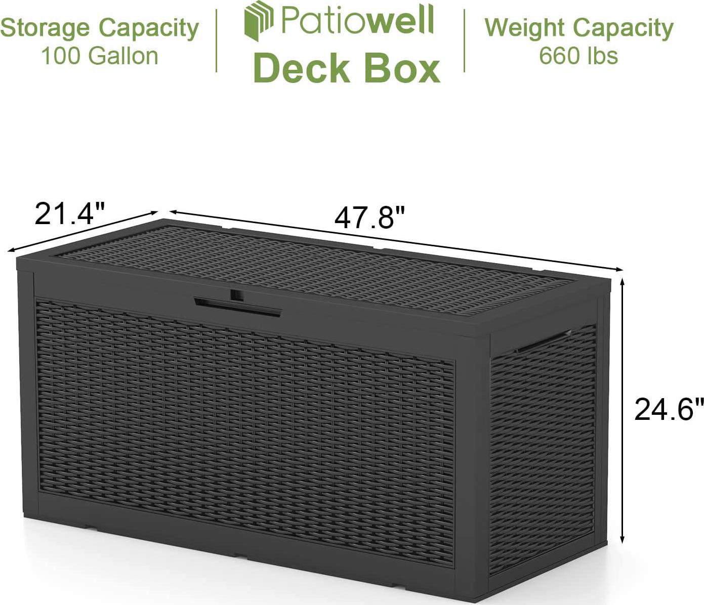 Patiwell 100 Gallon Outdoor Resin Deck Box, Waterproof Large Storage Box for Patio Furniture, Pool Accessories, Toys, Garden Tools and Sports Equipment, Lockable, Black