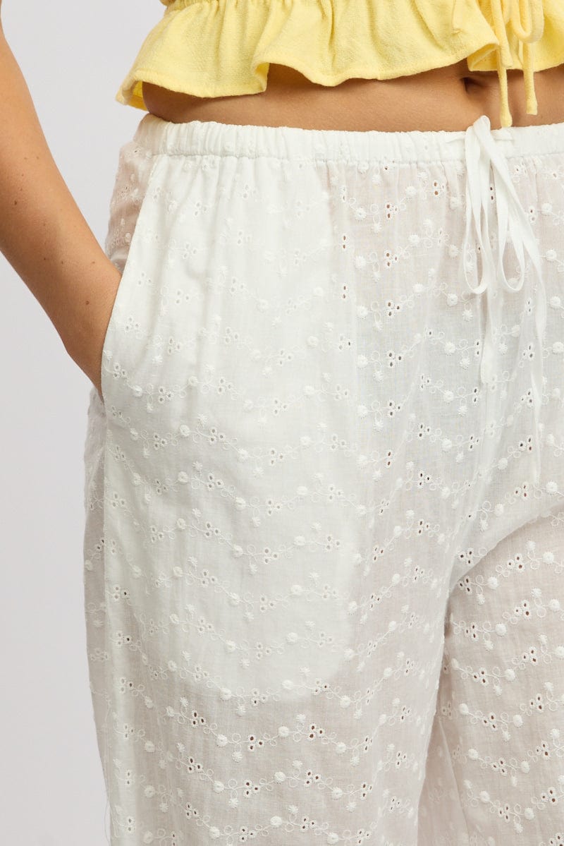 White Wide Leg Pants High Rise Eyelet Fabric