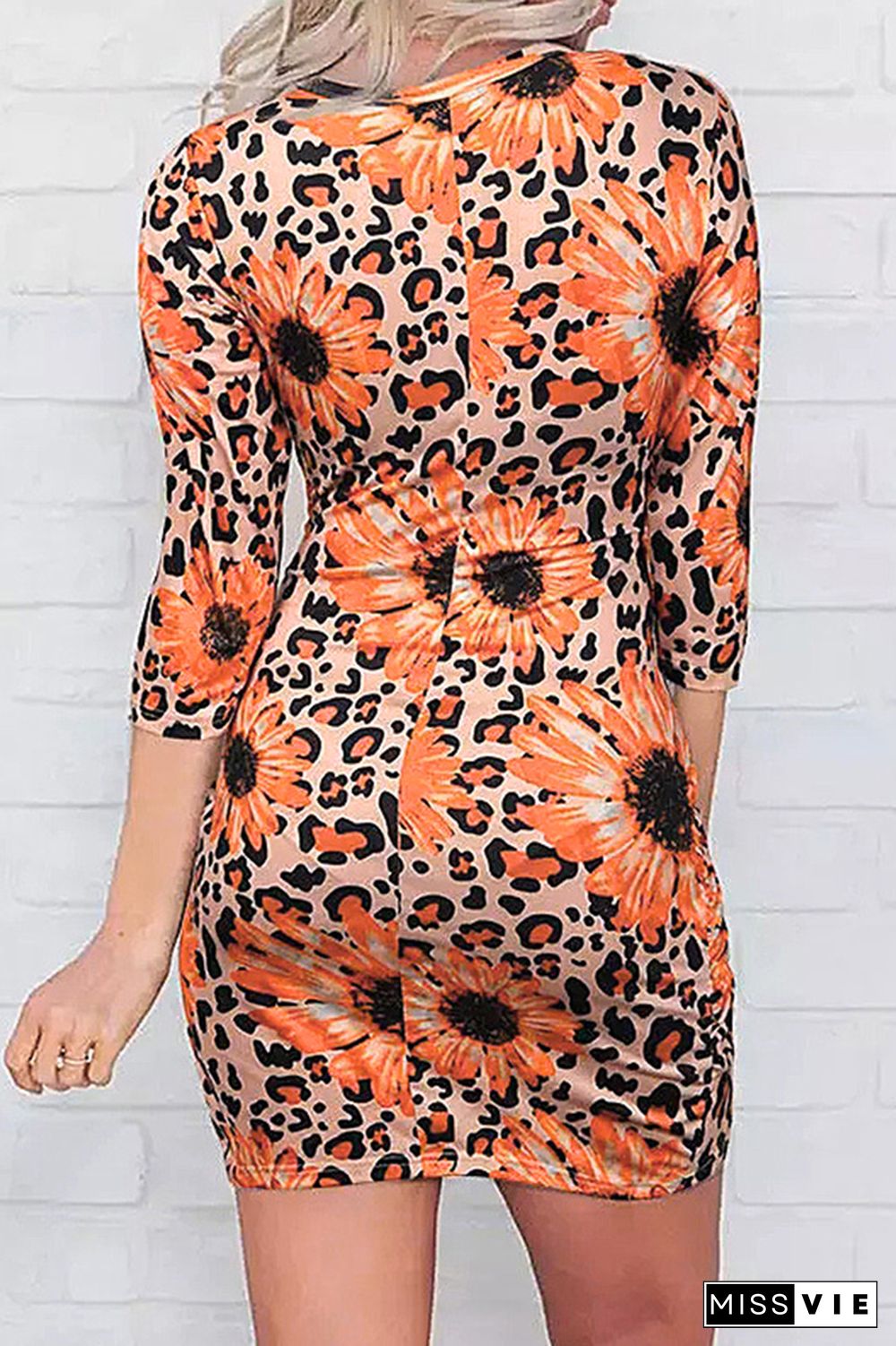 Leopard Sunflower Print Cut-out Waist Bodycon Mini Dress Wholesale