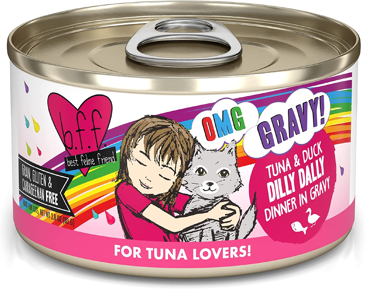 Weruva Wet Cat Food B.F.F. OMG - Best Feline Friend Oh My Gravy!， Tuna and Duck Dilly Dally with Tuna and Duck， 2.8oz Can (Pack of 12)