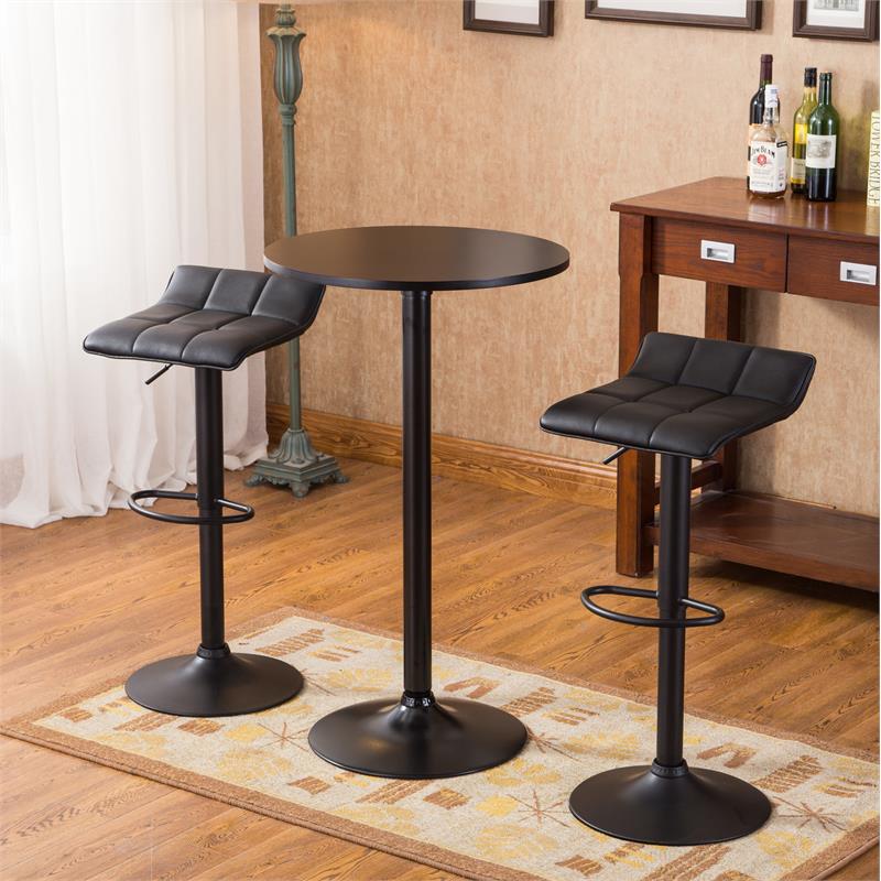 Roundhill Furniture Belham Black Round Top with Black Leg And Base Metal Bar Table and 2 Swivel Black Bonded Leather Adjustable Bar Stool Bar Sets