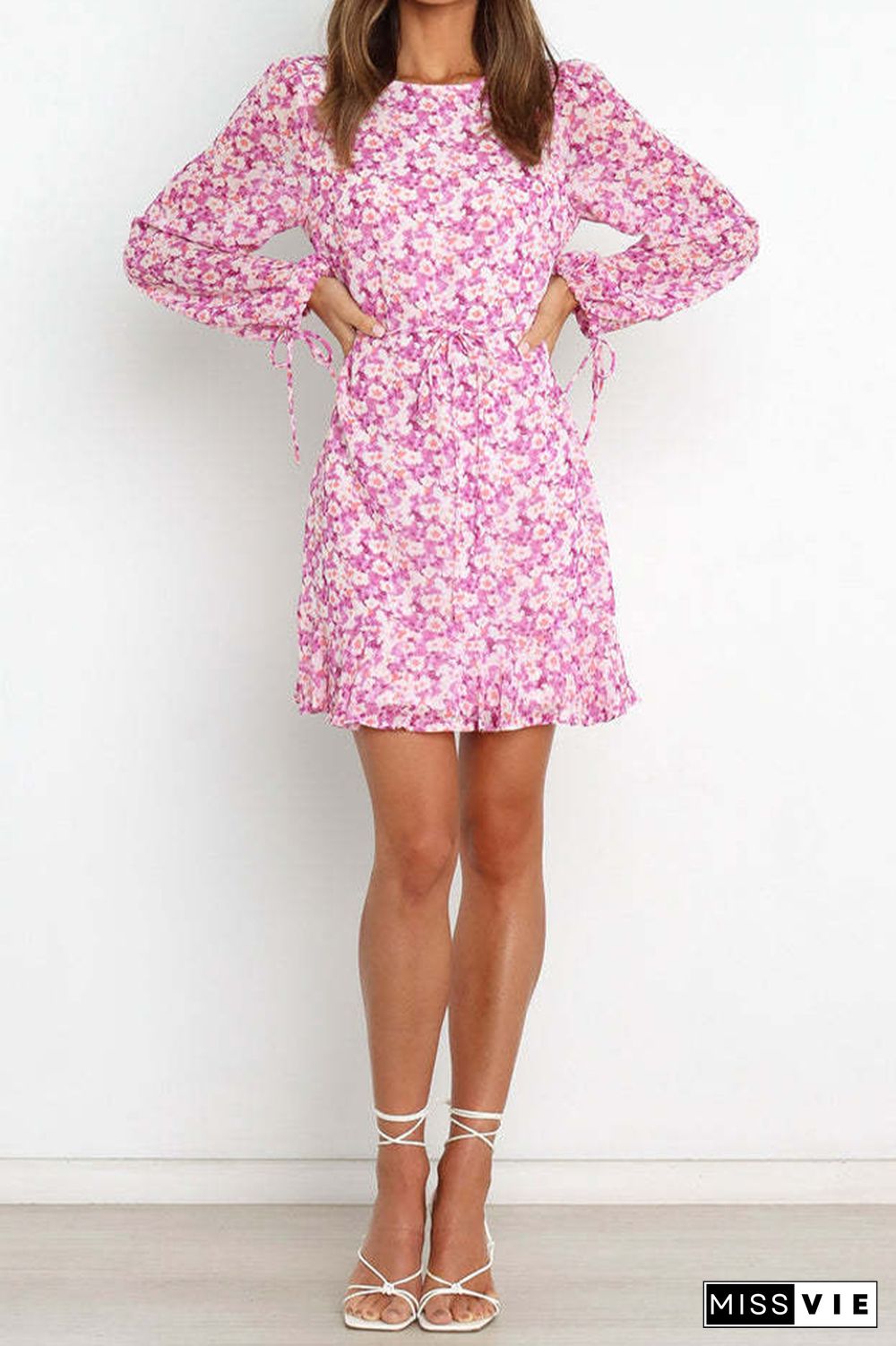 Pink Long Sleeve Flower Print Ruffle Dress