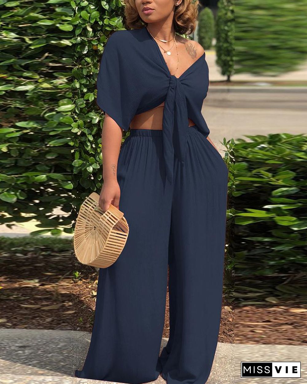 Solid Color Tie Front Crop Top & Wide Leg Pants Set