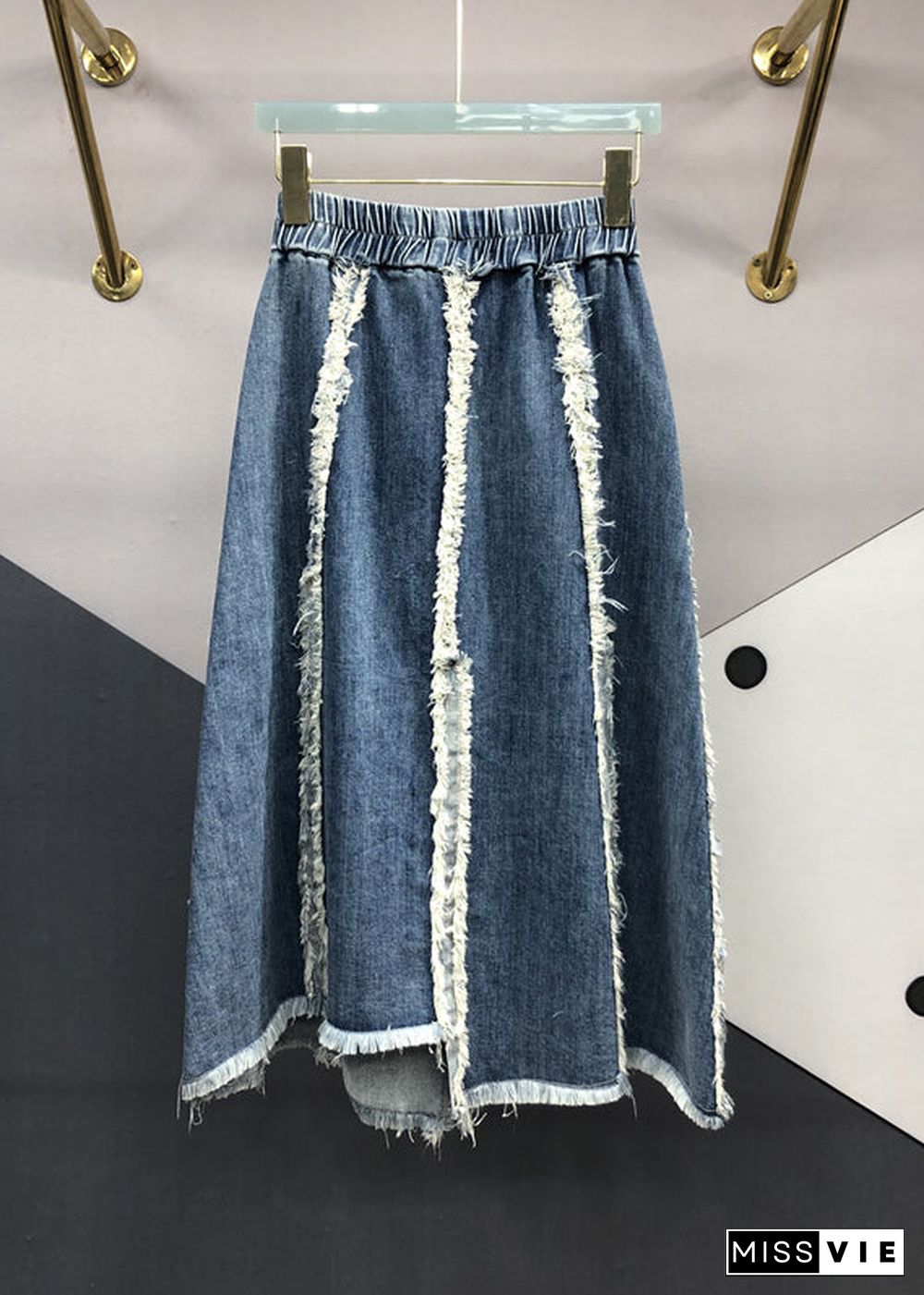 Italian Blue Tasseled Elastic Waist Patchwork Denim Skirts Fall