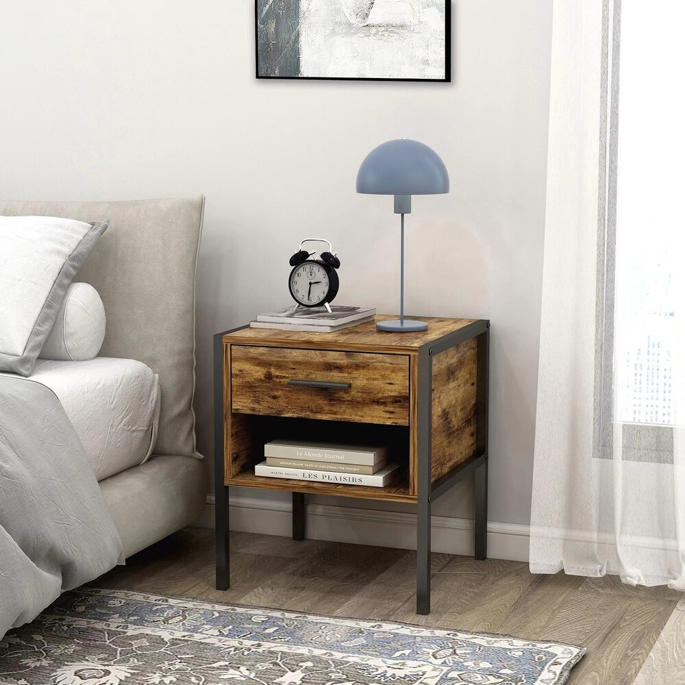 Wood Storage Cabinet Nightstand w/ 1 Drawer   Open Shelf  Rustic Brown