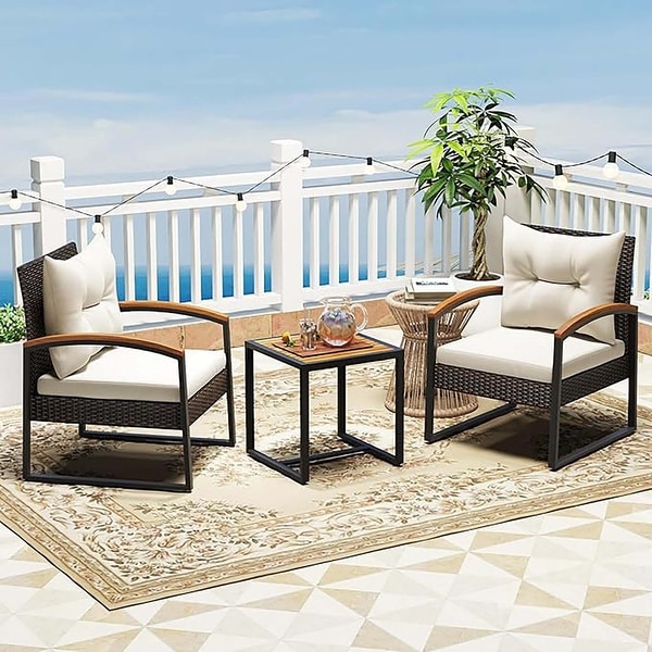 3 PCS Patio Conversation Set w/ Coffee Table Acacia Wood Tabletop