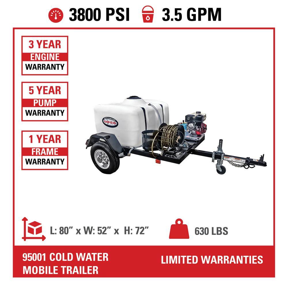 SIMPSON Mobile Trailer 3800 PSI 3.5 GPM Gas Cold Water Pressure Washer with HONDA GX270 Engine (49-State) 95001