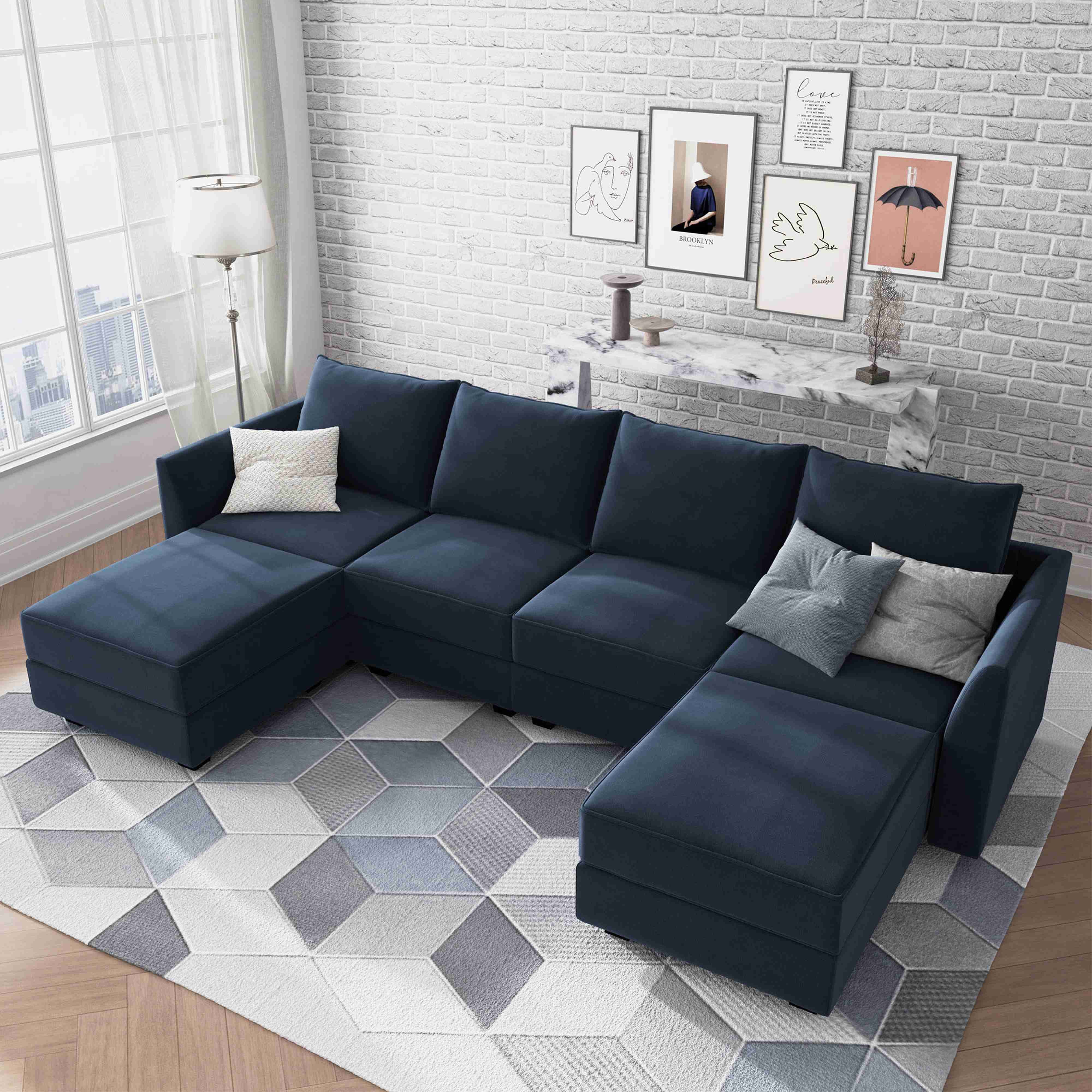 HONBAY Velvet Upholstered Sectional Sleeper Sofa with Storage Ottomans, Navy Blue