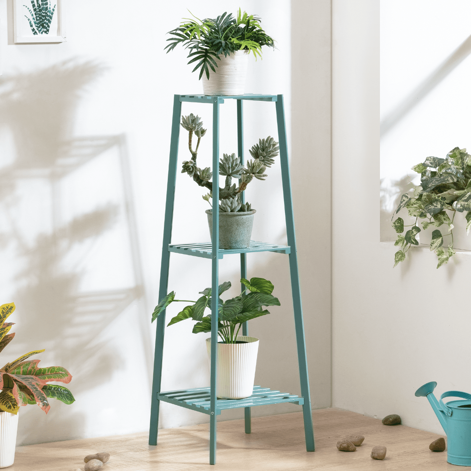 MoNiBloom Bamboo 3 Tiers Trapezoid Plant Stand, Display Rack, Flower Storage Shelf, Green, for Garden