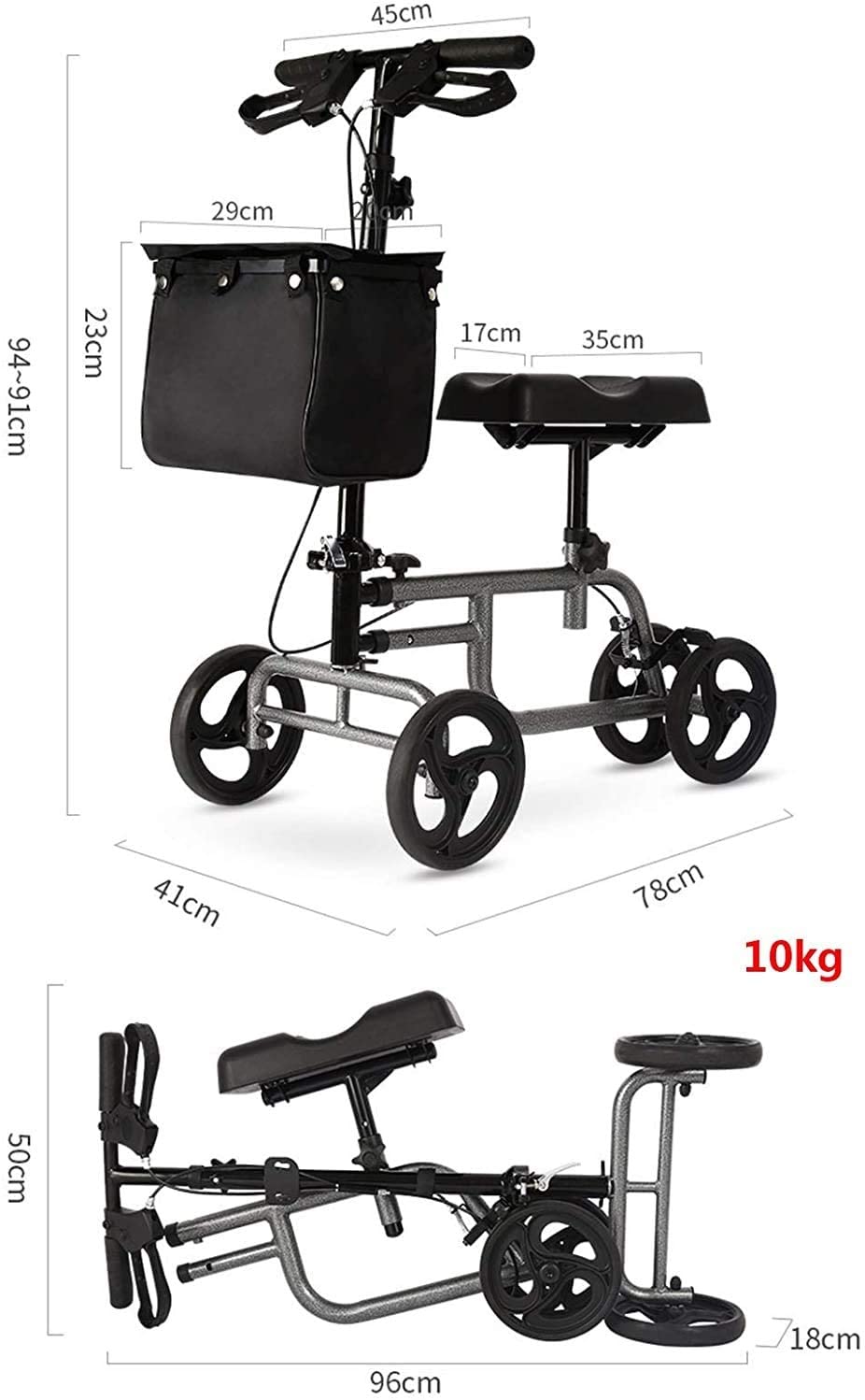 4 Wheels Knee Scooter Walker, All Terrain Rolling Steerable Adjusted Height Walking Aid with Storage Bags