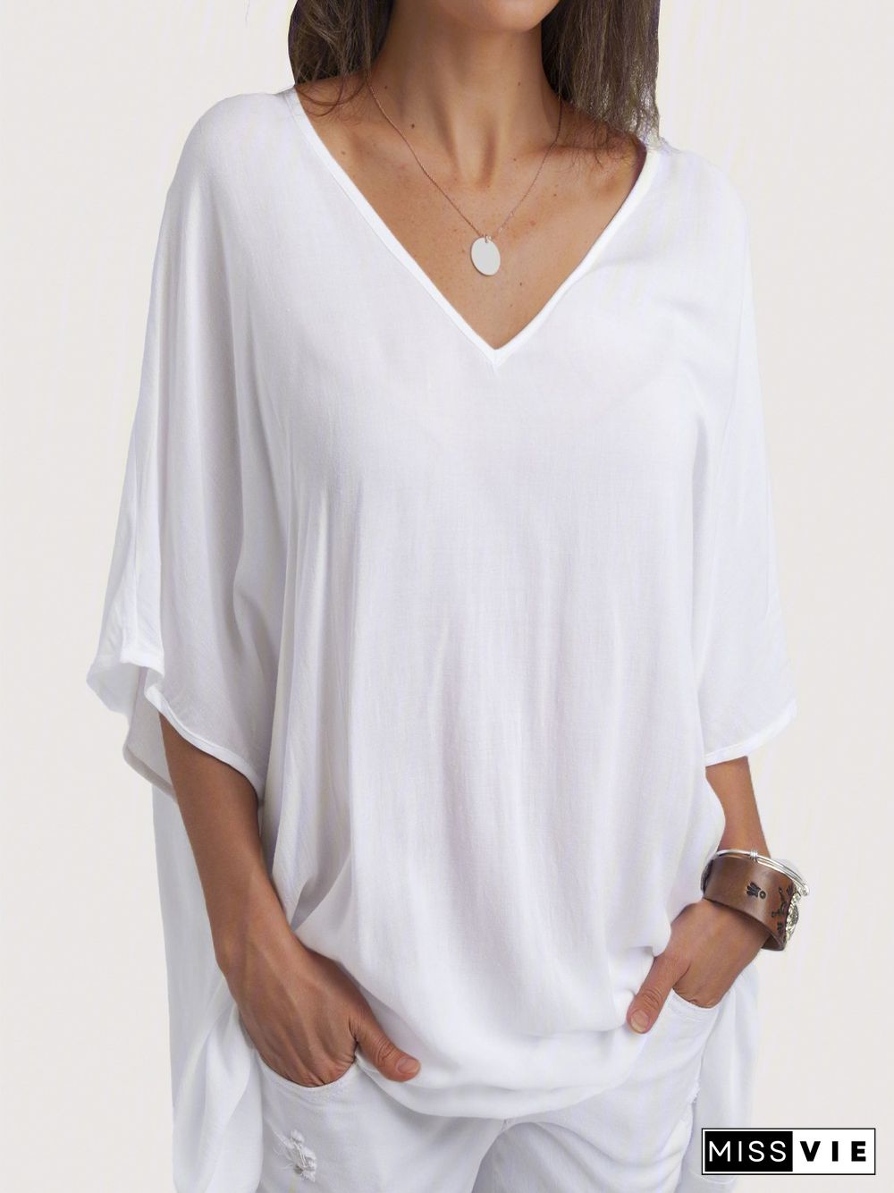 Women Summer Plus Size Short Sleeve Casual V Neck Blouse