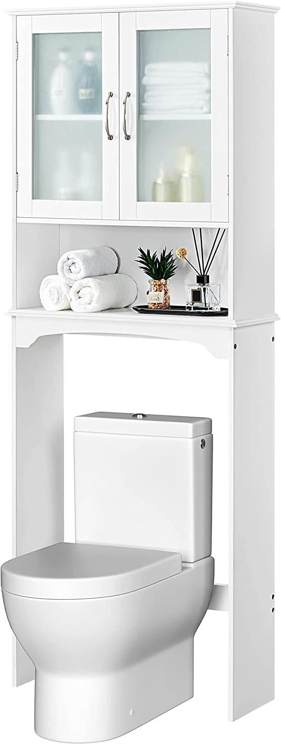 Over The Toilet Storage Cabinet with Double Tempered Glass Doors and Adjustable Shelf, Freestanding Bathroom Storage Rack, 66 Inches Height