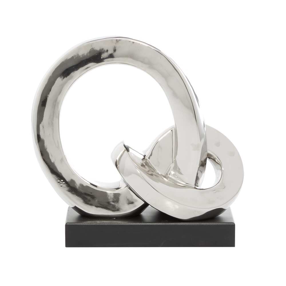 Silver Polystone Link Abstract Sculpture with Black Base   12 x 5 x 12