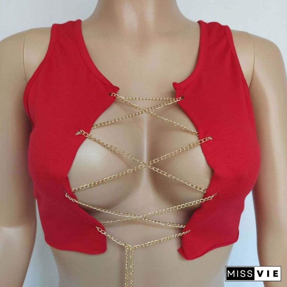 Red Black White Metal Chain Sleeveless Crop Top Sexy Clubwear Women Adjustable Lace Up Hollow Out Tank Tops Tees Camisole