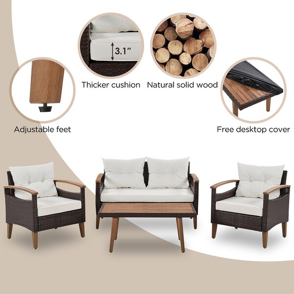 4-Piece PE Rattan Patio Sofa Set， Wood Table and Legs - Overstock - 37510667