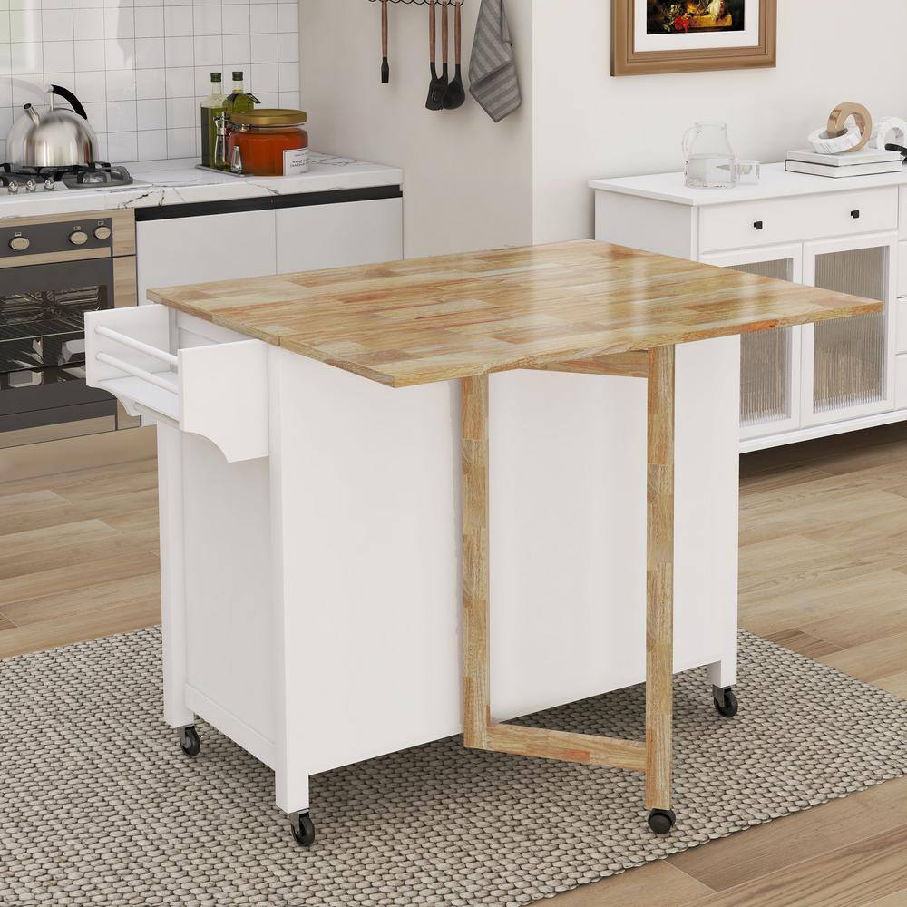 tunuo White Rolling Wood Tabletop 40 in. Kitchen Island with Lockable Wheels SFWF-282S08