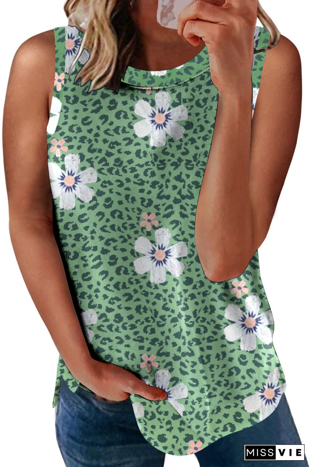 Green Crew Neck Floral Leopard Print Tank Top