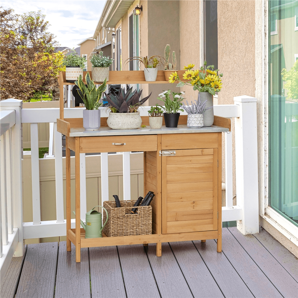 Yaheetech Outdoor Garden Potting Bench Table Work Bench Metal Tabletop W/Cabinet, Natural Wood