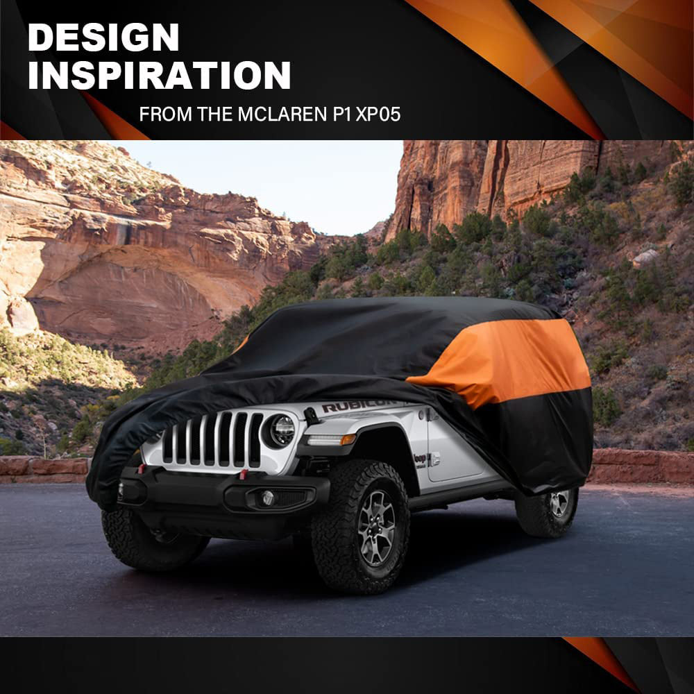 Waterproof and all-weather car cover for Jeep Wrangler， full outdoor coverage， snow， sun and UV protection， suitable for all 2-door Jeep Wranglers.