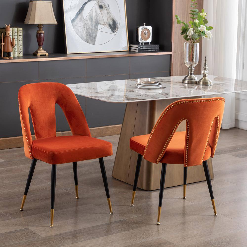 Modern Orange Velvet Upholstered Dining Chair with Nailheads and Metal Legs (Set of 2) FY-W114343514