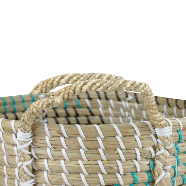 Natural Woven Seagrass Basket With Teal Black And White Accents