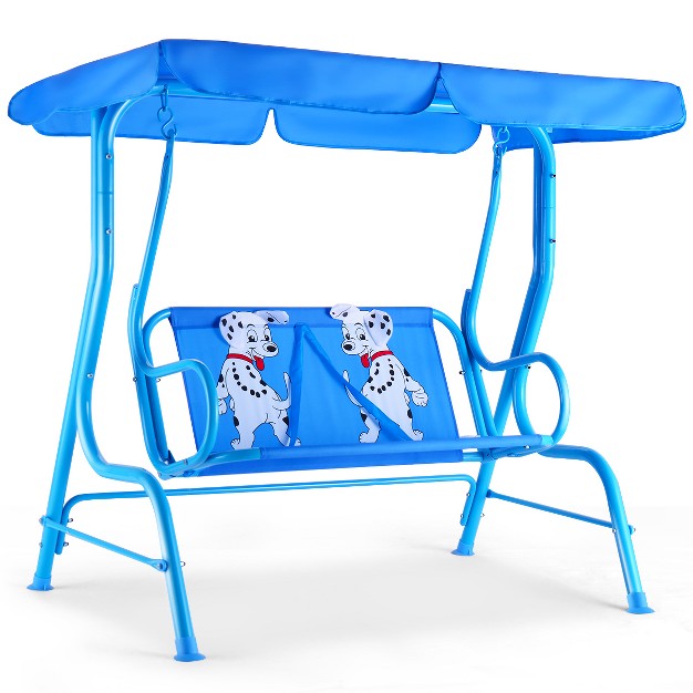 Costway Kids Patio Swing Chair Children Porch Bench Canopy 2 Person Yard Furniture Blue