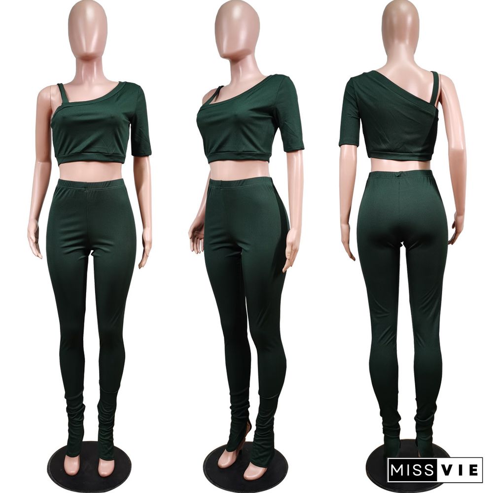 Summer Clothing Solid Color One Shoulder Short Sleeve Crop Top Stretchy Bodycon Long Pants Women 2 Piece Set