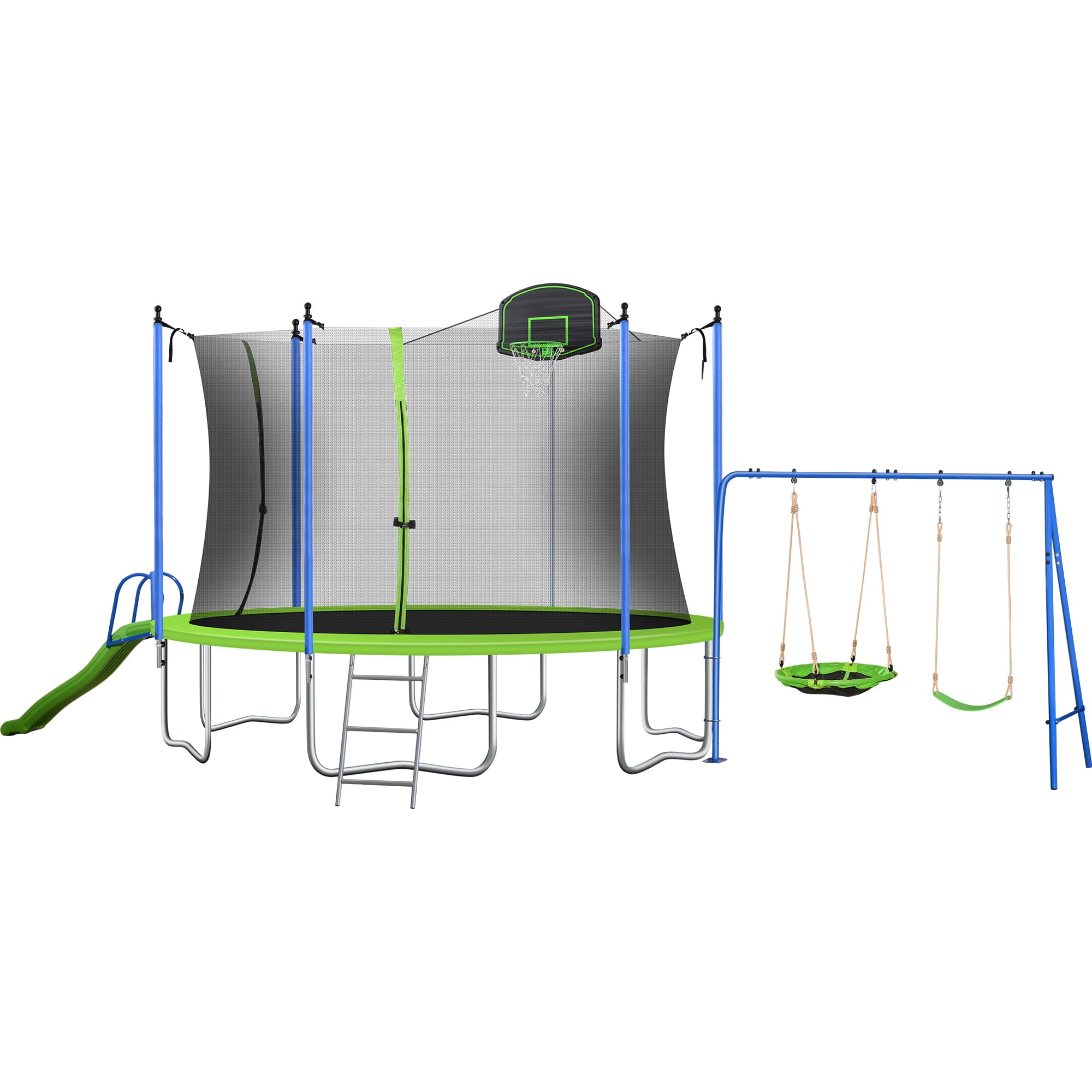LISUEYNE 12ft Trampoline with Slide and Swing，Recreational Trampoline with Basketball Hoop and Ladder，Outdoor Fitness Trampoline for Kids Adults，1000 LBS Weight Capacity