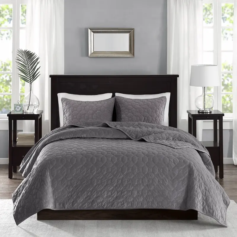 Harper Gray Velvet King 3 Piece Coverlet Bedding Collection