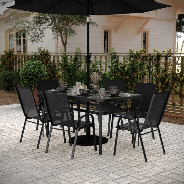 Commercial 7 Pc Outdoor Patio Dining Set with Glass Table and 6 Chairs