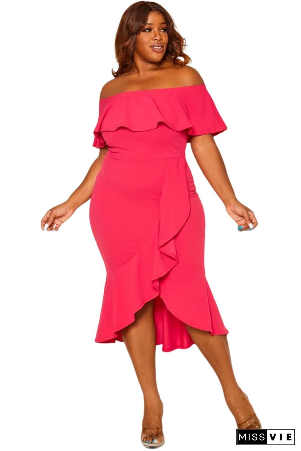 Rose Ruffled Off Shoulder High Low Plus Size Dress