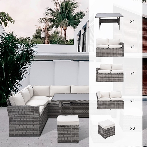 Patio Furniture Set，7 Pieces Sectional Conversation Sofa with Ottomans，All Weather，With Backrest and Removable Cushions