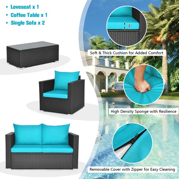 Tangkula 4pc Patio Rattan Wicker Conversation Furniture Set Sectional Sofa amp Coffee Table