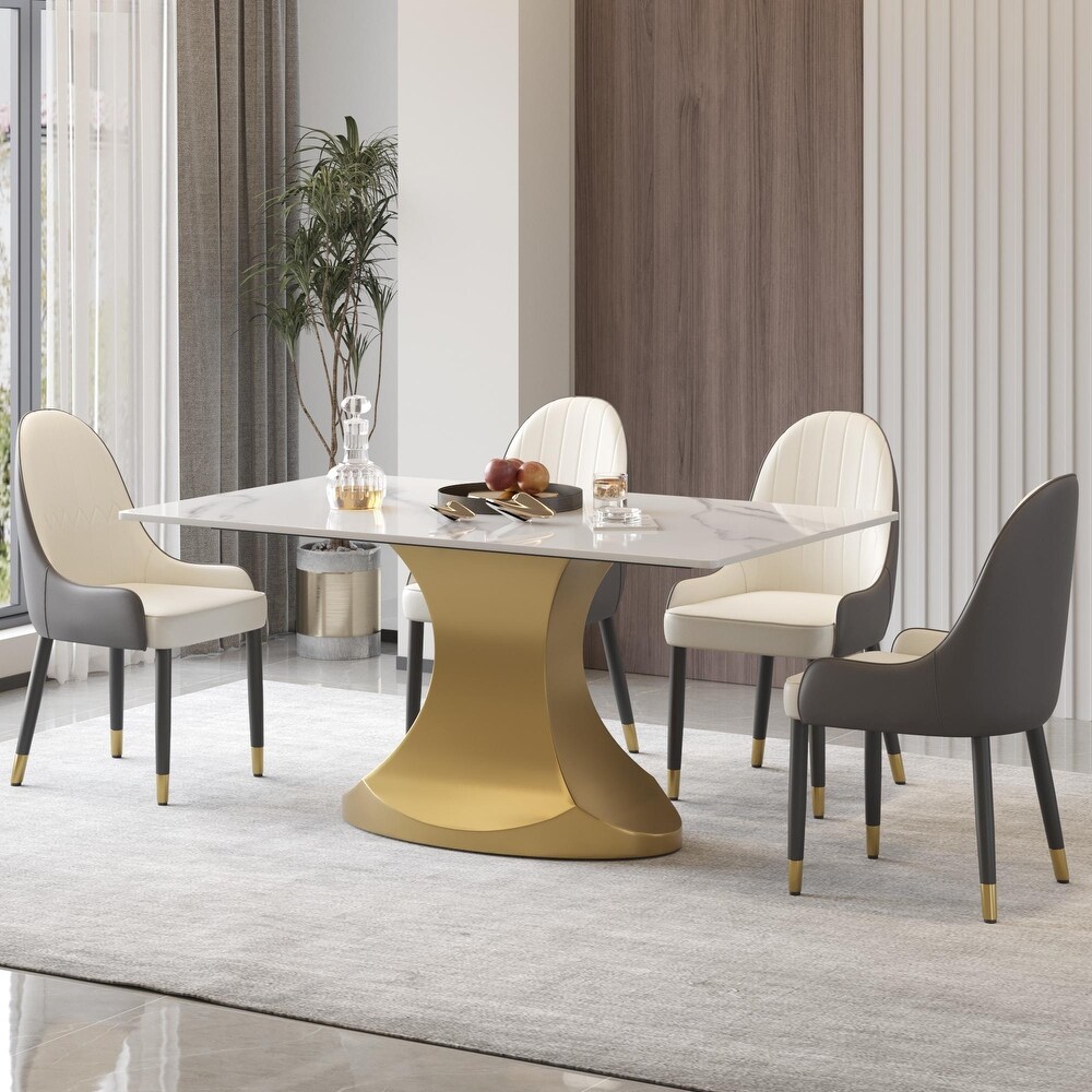 Rectangular Dining Table  Faux Marble Kitchen Dining Table with Gold Pedestal.